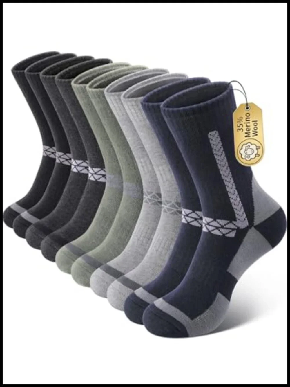 Men's Merino Wool Thermal Hiking Crew Socks 5 Pair Pack Cushioned